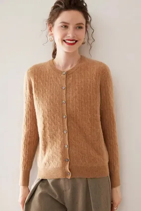 100 Cashmere Cable-Knit Crewneck Cardigan