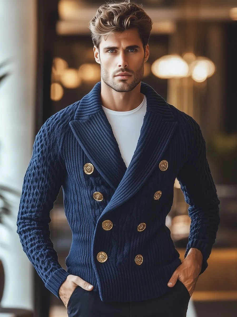 【24-hour shipping】Men's Lapel Double Breasted Metal Button Elegant Knit Cardigan
