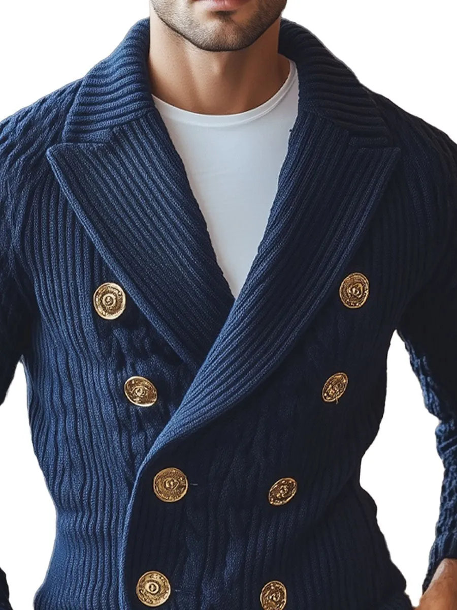 【24-hour shipping】Men's Lapel Double Breasted Metal Button Elegant Knit Cardigan
