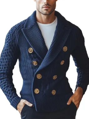 【24-hour shipping】Men's Lapel Double Breasted Metal Button Elegant Knit Cardigan