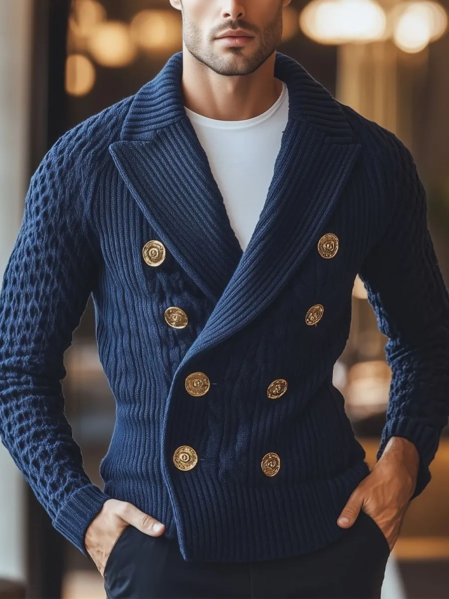 【24-hour shipping】Men's Lapel Double Breasted Metal Button Elegant Knit Cardigan