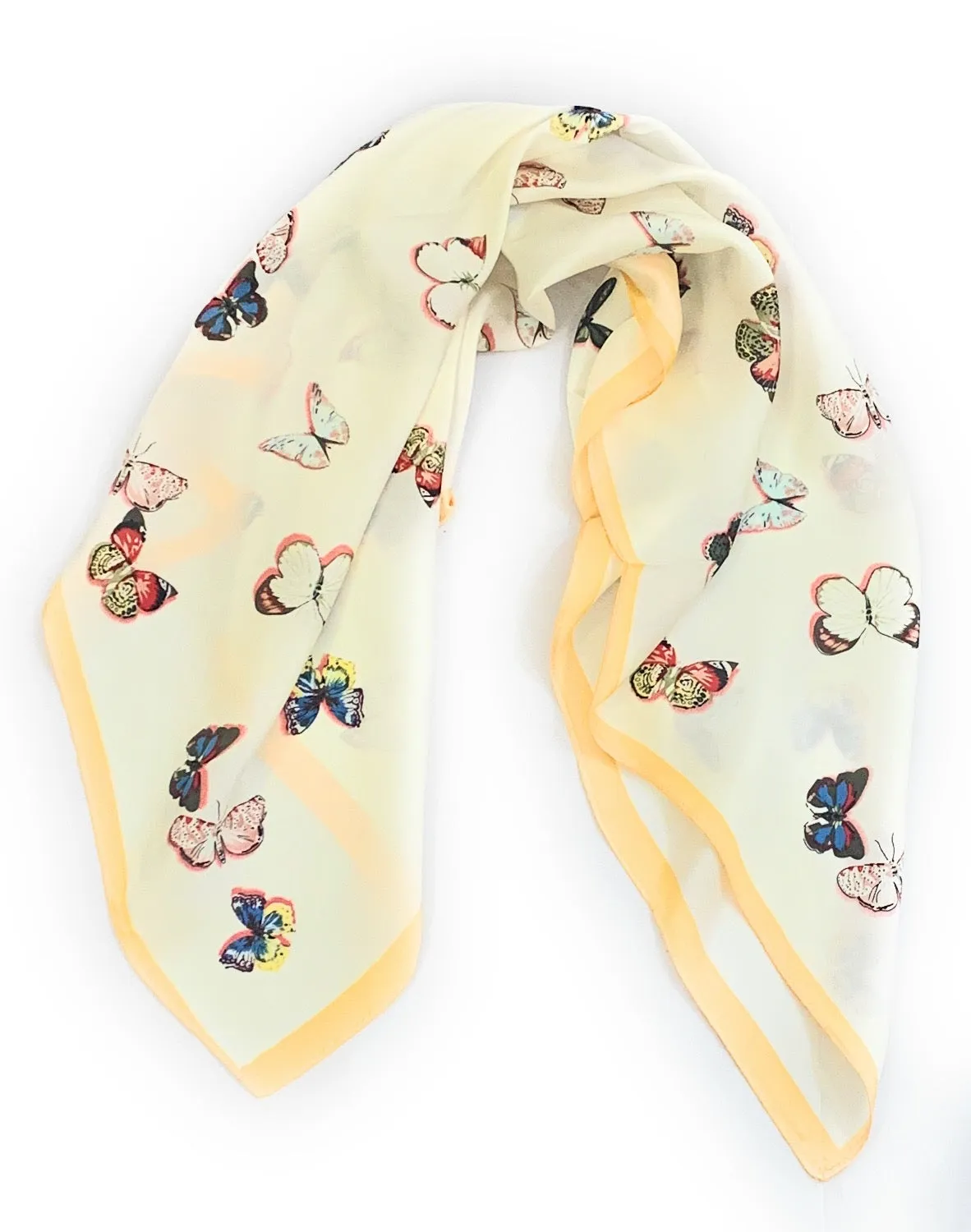 70cm x 70cm Mustard Yellow Butterfly Print Pattern Square Scarf Big Ladies Women Faux Silk Head Neck Thin Bag Charm