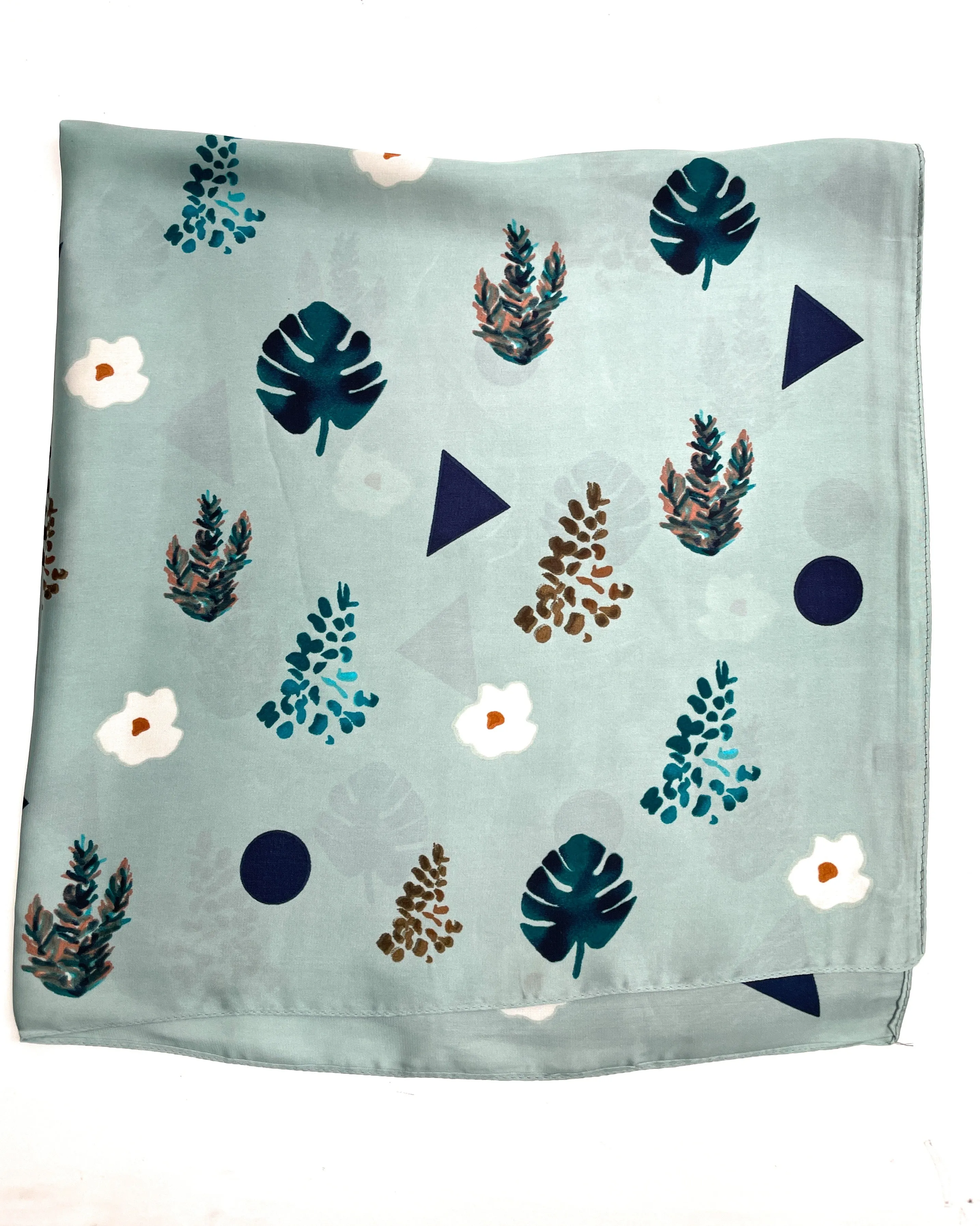 70cm x 70cm Square Scarf Turquoise Abstract Leaves Scarf Thin Faux Silk