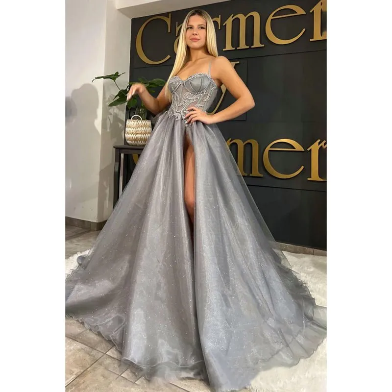 A-line Sweetheart Lace Appliques Silver Long Prom Dress with Slit