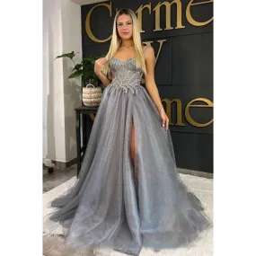 A-line Sweetheart Lace Appliques Silver Long Prom Dress with Slit