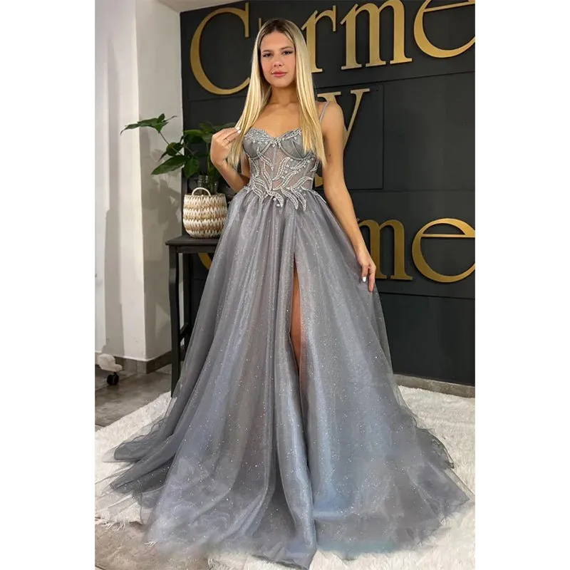 A-line Sweetheart Lace Appliques Silver Long Prom Dress with Slit