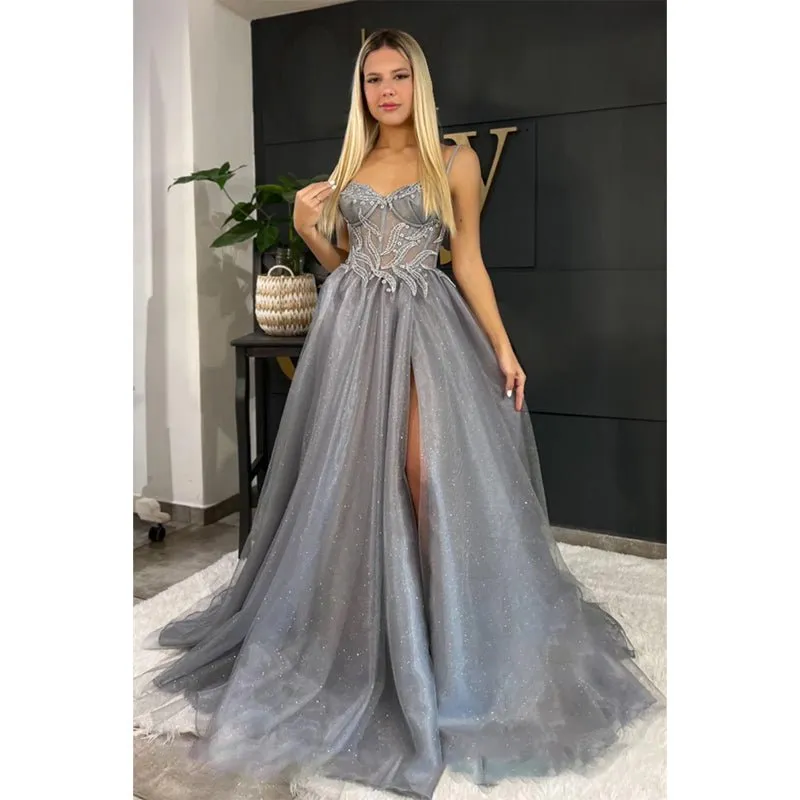 A-line Sweetheart Lace Appliques Silver Long Prom Dress with Slit