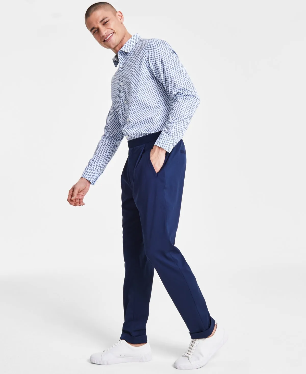 Alfani Mens Modern Fit Stretch Pleated Dress Pants Blue 32 x 32