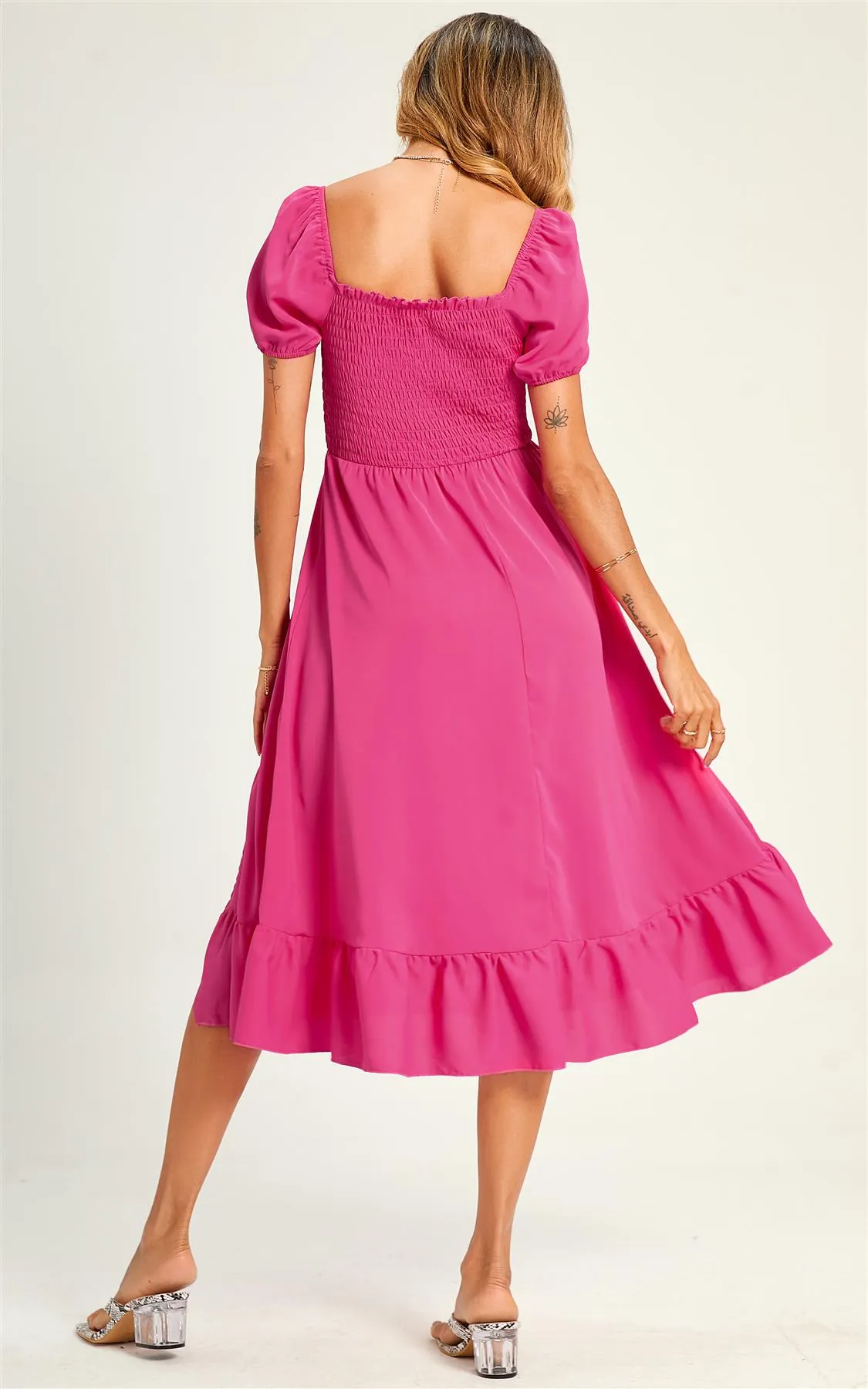 Bardot Puff Sleeve Elasticated Detail Midi Dress In Fuchsia Pink