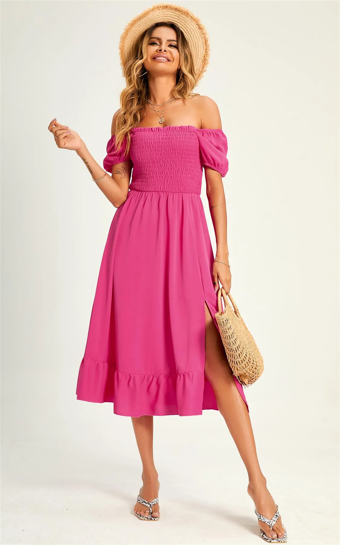 Bardot Puff Sleeve Elasticated Detail Midi Dress In Fuchsia Pink