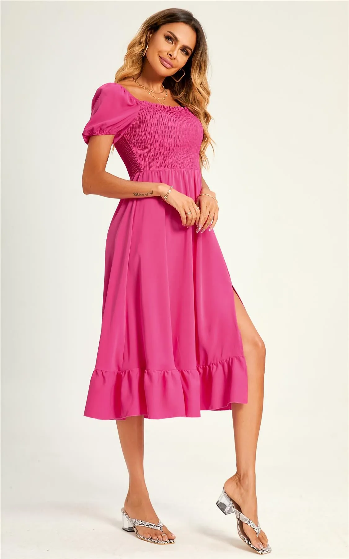 Bardot Puff Sleeve Elasticated Detail Midi Dress In Fuchsia Pink