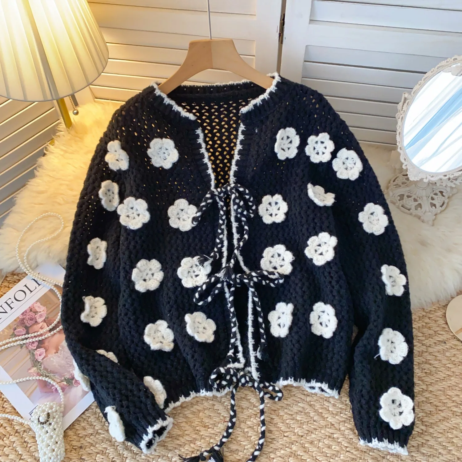 Black&White Hollowed Crochet Cardigan