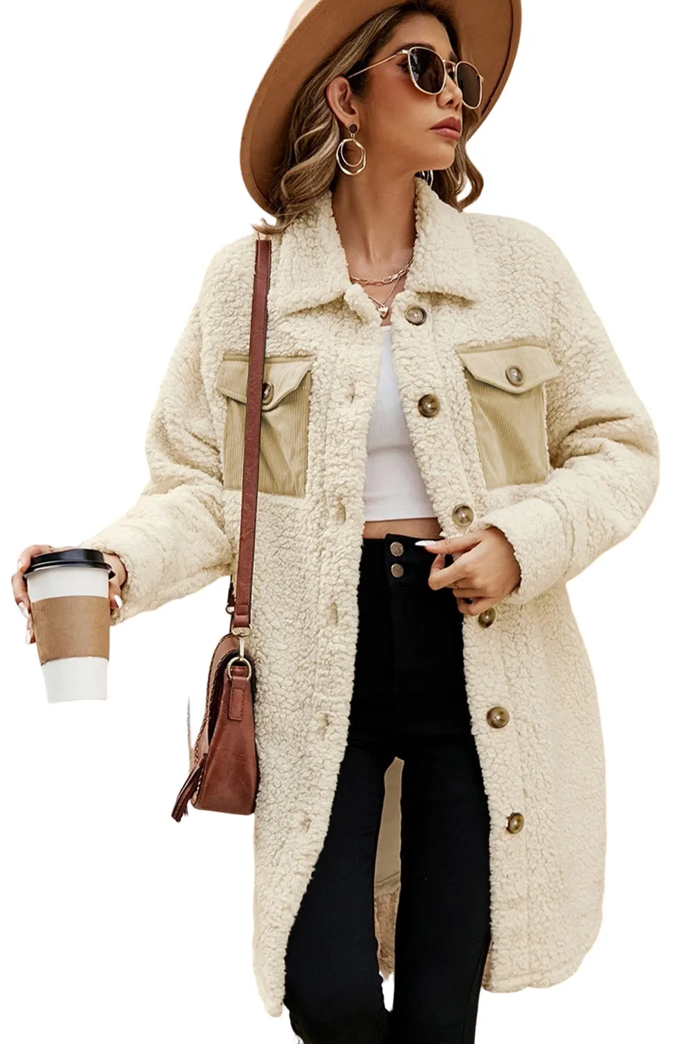 Blue Contrast Flap Pocket Single Breasted Teddy Coat