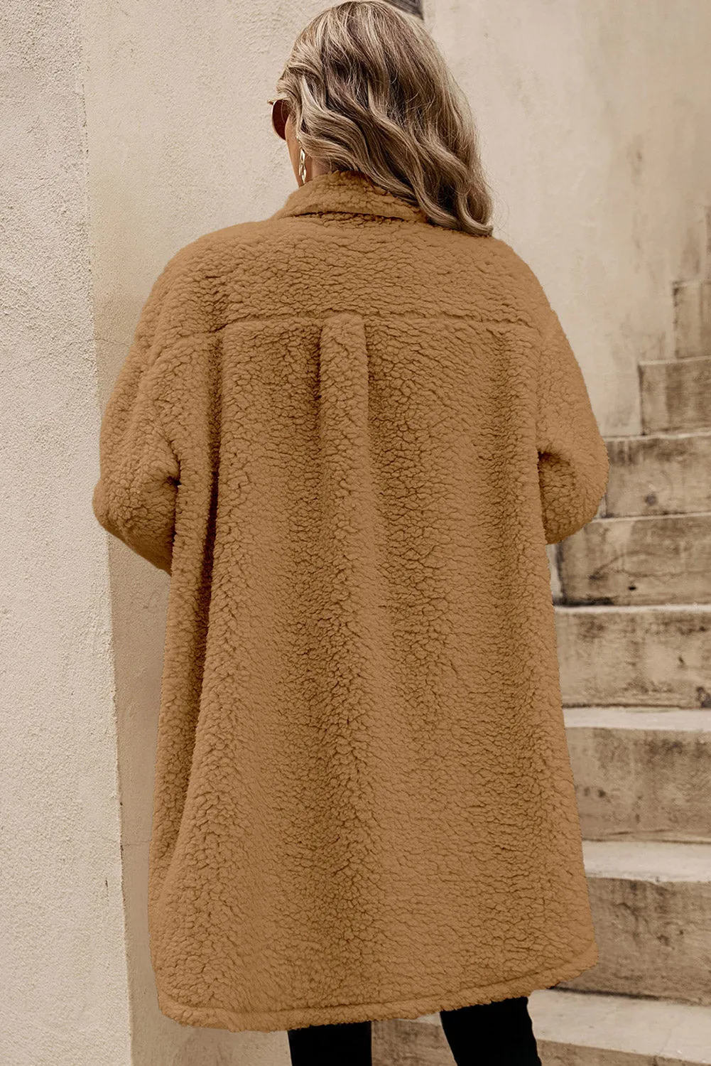 Blue Contrast Flap Pocket Single Breasted Teddy Coat