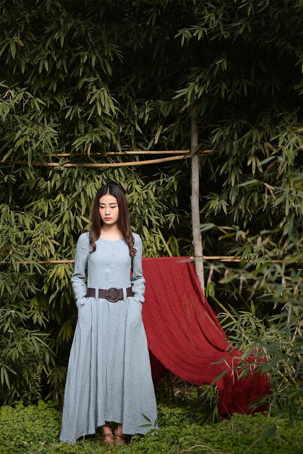 Blue long linen cusual dress for womens irregular with pockets C1565