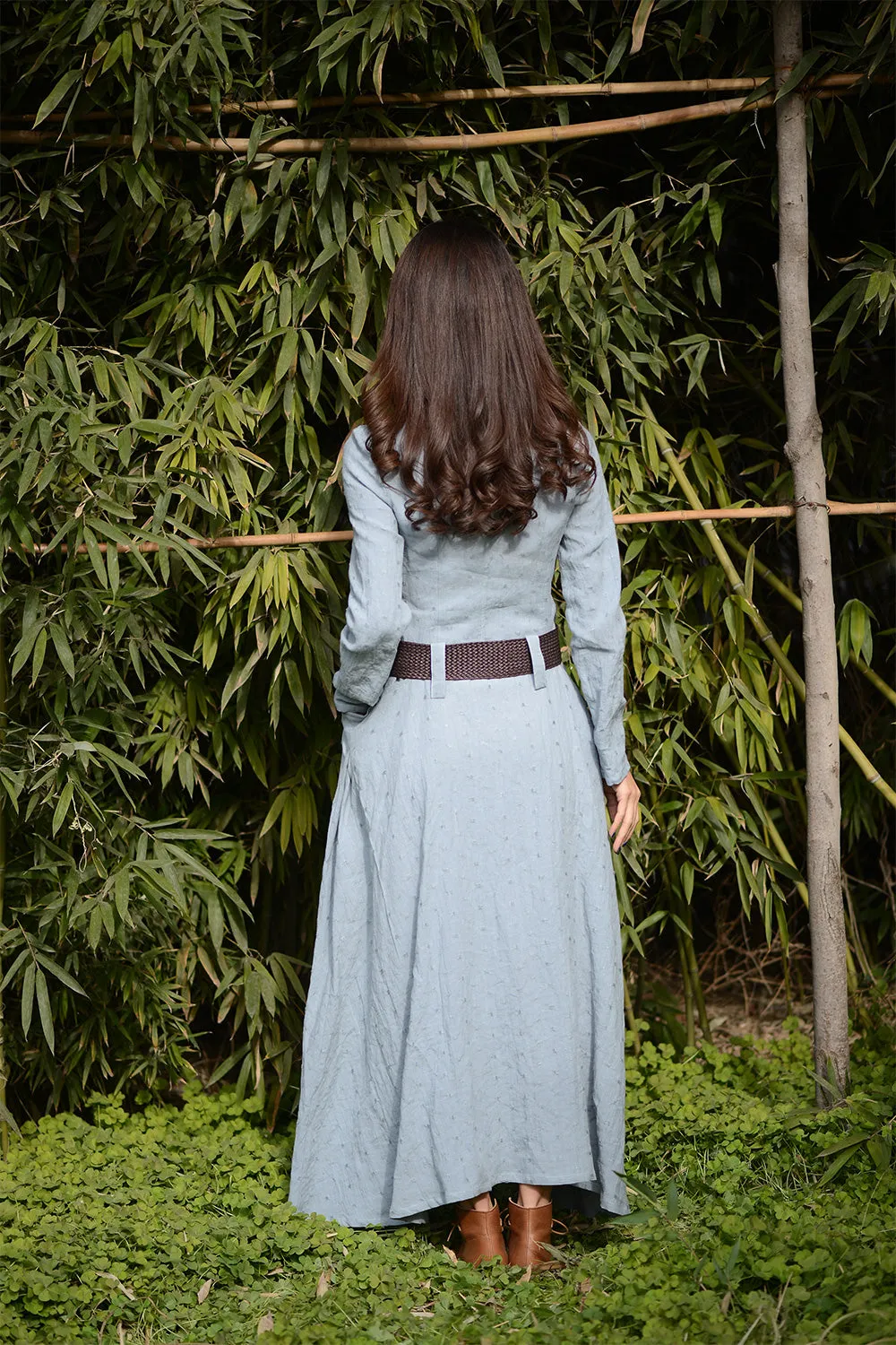 Blue long linen cusual dress for womens irregular with pockets C1565