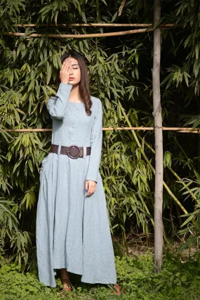 Blue long linen cusual dress for womens irregular with pockets C1565