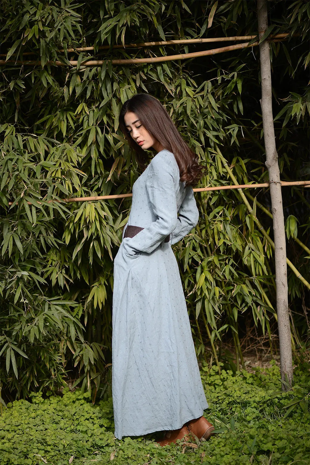 Blue long linen cusual dress for womens irregular with pockets C1565