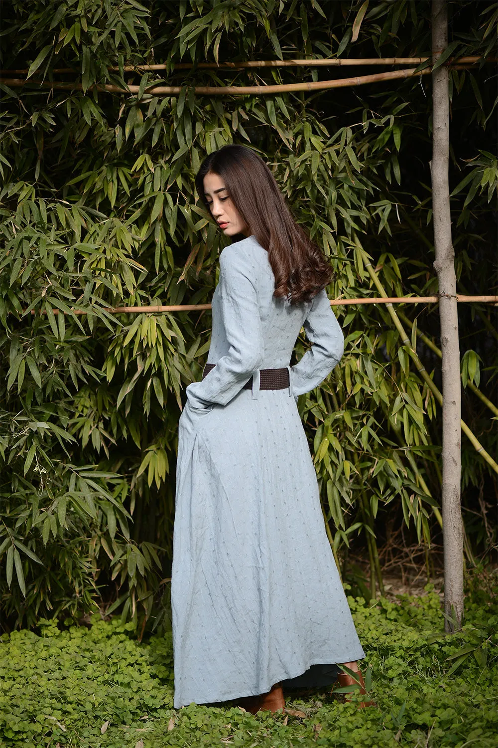Blue long linen cusual dress for womens irregular with pockets C1565