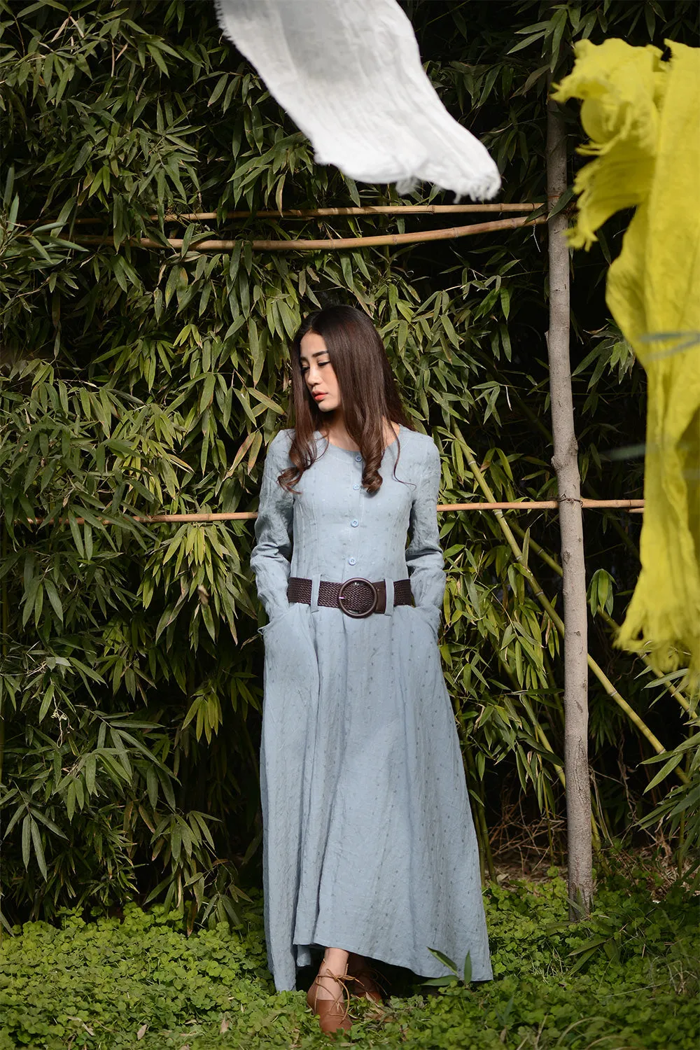 Blue long linen cusual dress for womens irregular with pockets C1565