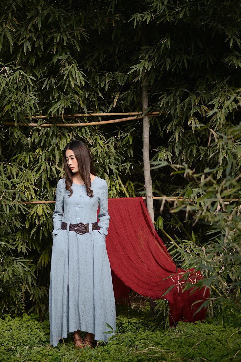 Blue long linen cusual dress for womens irregular with pockets C1565