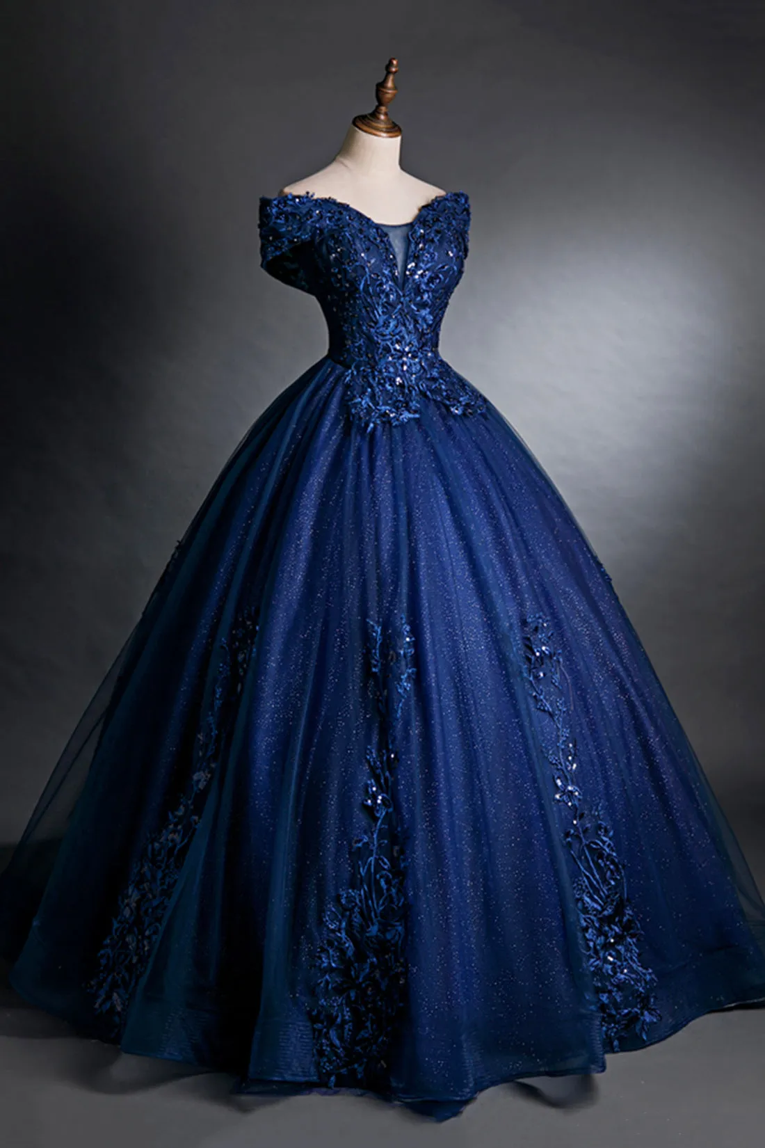 Blue Tulle Lace Long A-Line Ball Gown, Off the Shoulder Evening Party Dress