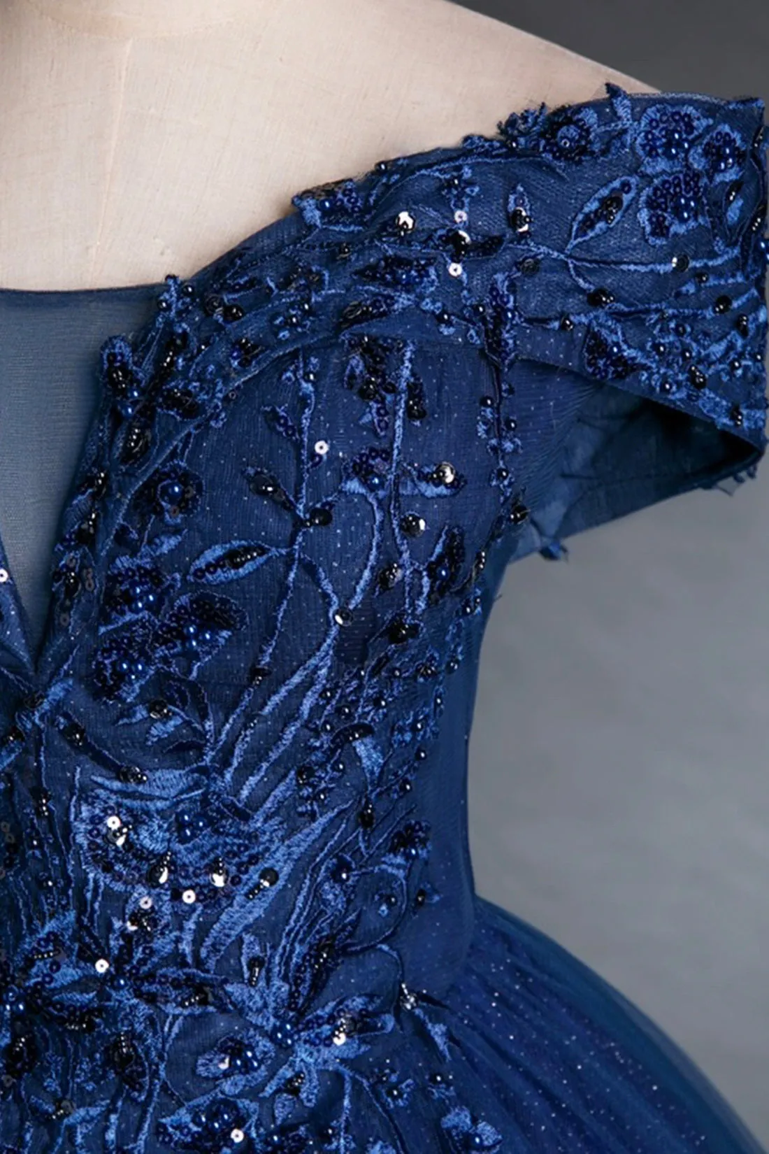 Blue Tulle Lace Long A-Line Ball Gown, Off the Shoulder Evening Party Dress