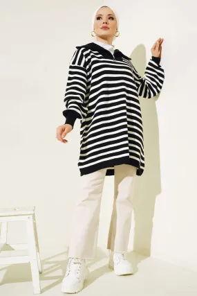 BNG Women -03 Collar Zippered Striped Knit Tunic Black - Clermont
