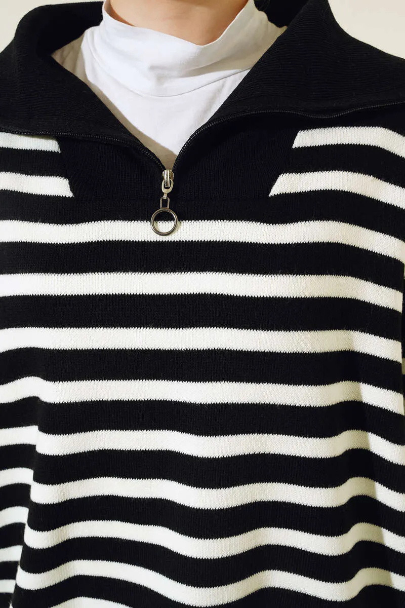 BNG Women -03 Collar Zippered Striped Knit Tunic Black - Clermont