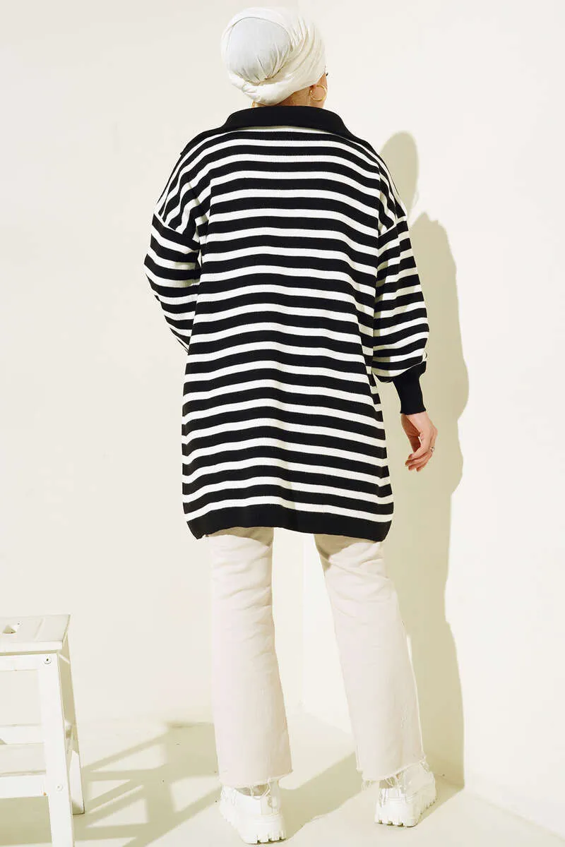 BNG Women -03 Collar Zippered Striped Knit Tunic Black - Clermont