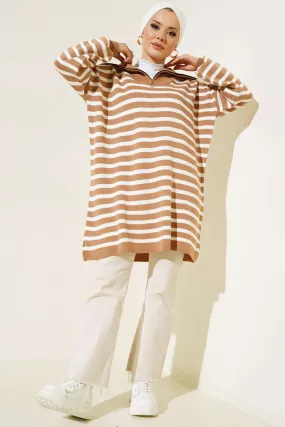 BNG Women -03 Collar Zippered Striped Knit Tunic Mink - Clermont
