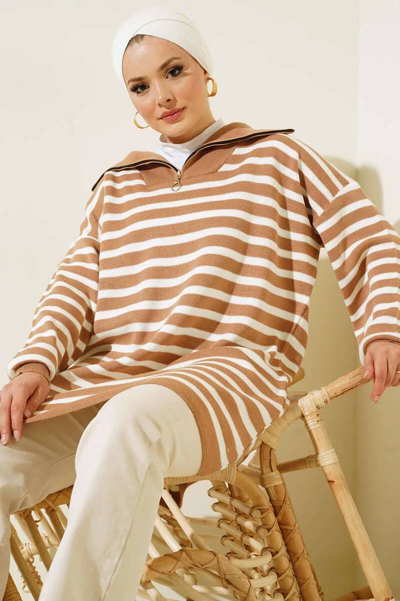 BNG Women -03 Collar Zippered Striped Knit Tunic Mink - Clermont