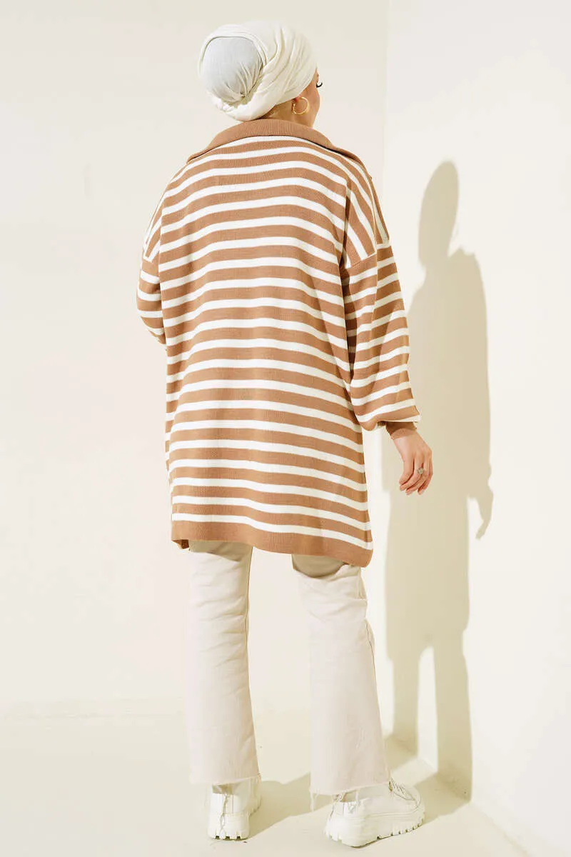BNG Women -03 Collar Zippered Striped Knit Tunic Mink - Clermont