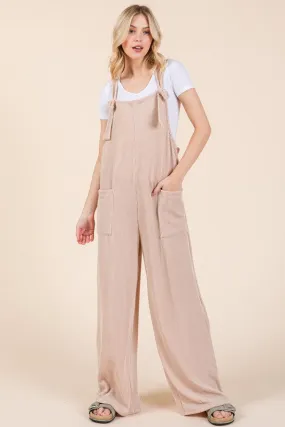 BOMBOM Knot Straps Wide Leg Ribbed Overalls with Pockets in Dust Storm