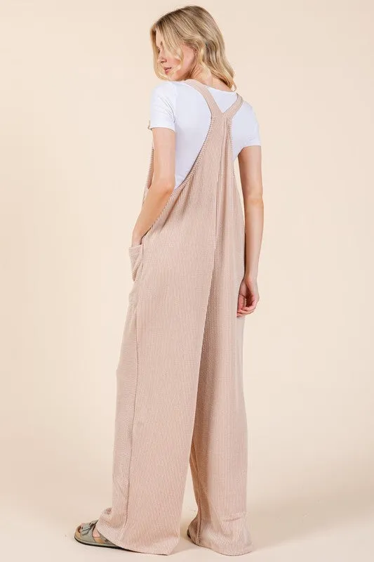 BOMBOM Knot Straps Wide Leg Ribbed Overalls with Pockets in Dust Storm