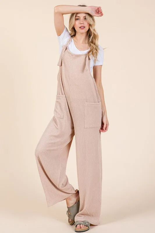BOMBOM Knot Straps Wide Leg Ribbed Overalls with Pockets in Dust Storm