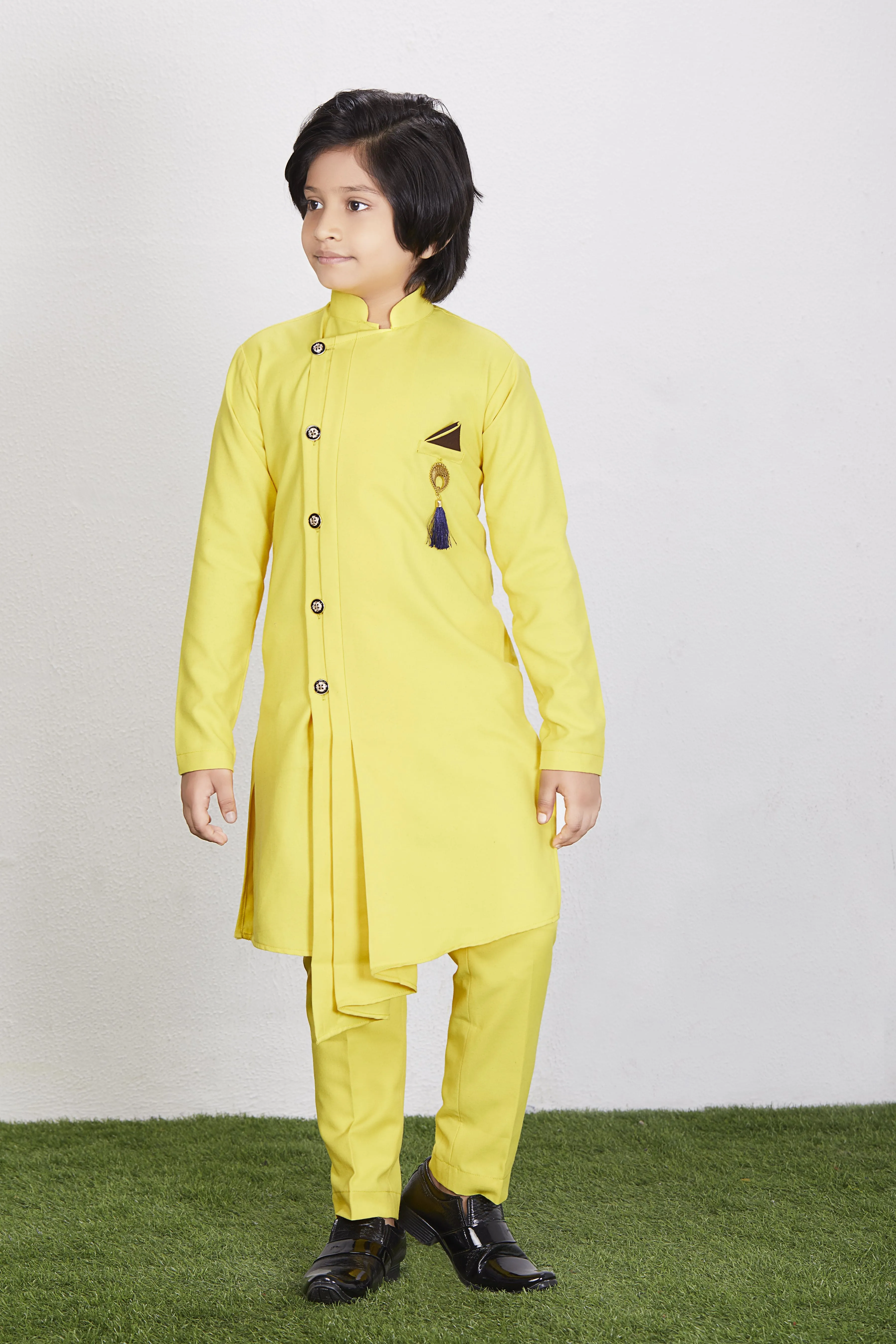 Boy's Yellow Cotton Blend  Kurta Trouser Set Kids