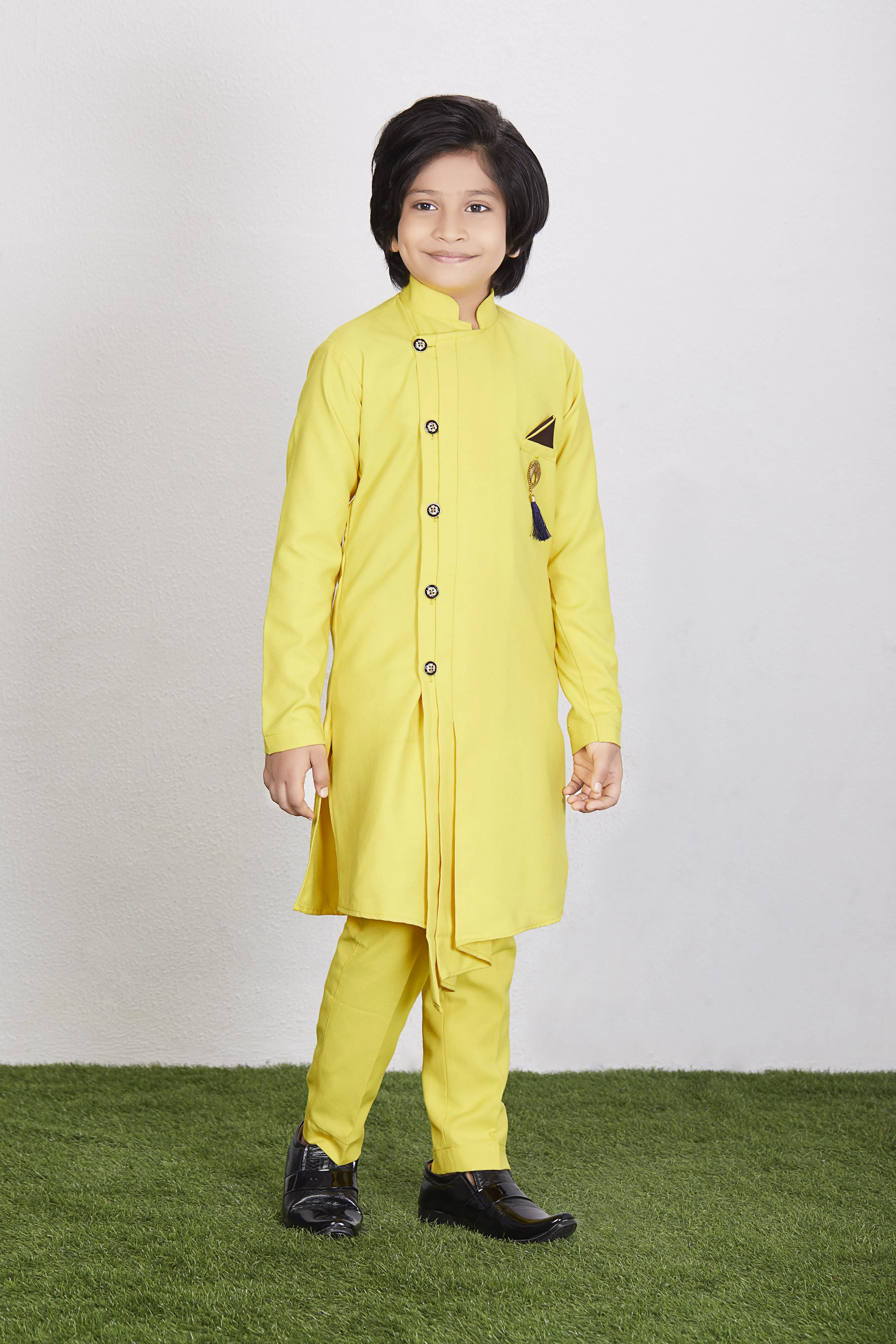 Boy's Yellow Cotton Blend  Kurta Trouser Set Kids