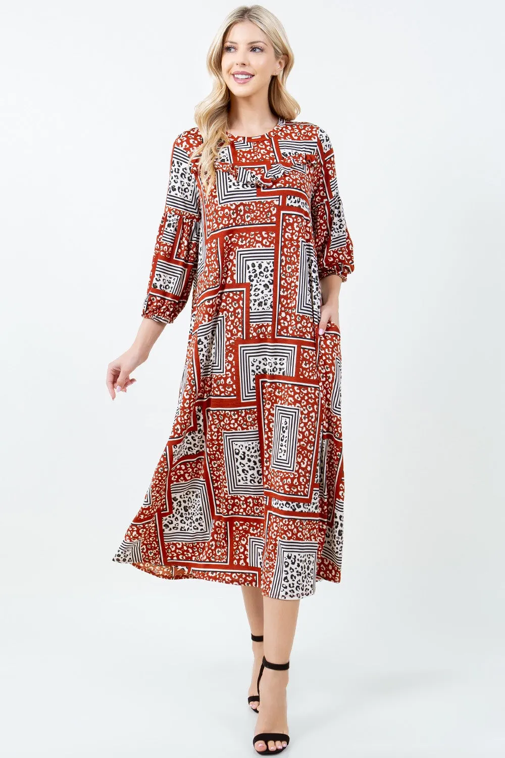 BRICK PRINTED 3/4 SLEEVES W/SIDE POCKETS PLUS SIZE MIDI DRESS DVL58477BX