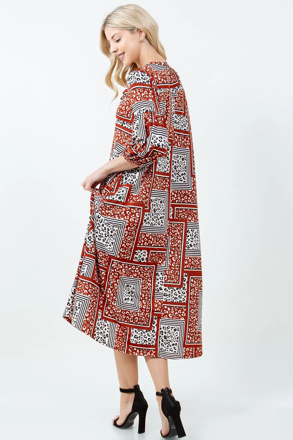 BRICK PRINTED 3/4 SLEEVES W/SIDE POCKETS PLUS SIZE MIDI DRESS DVL58477BX