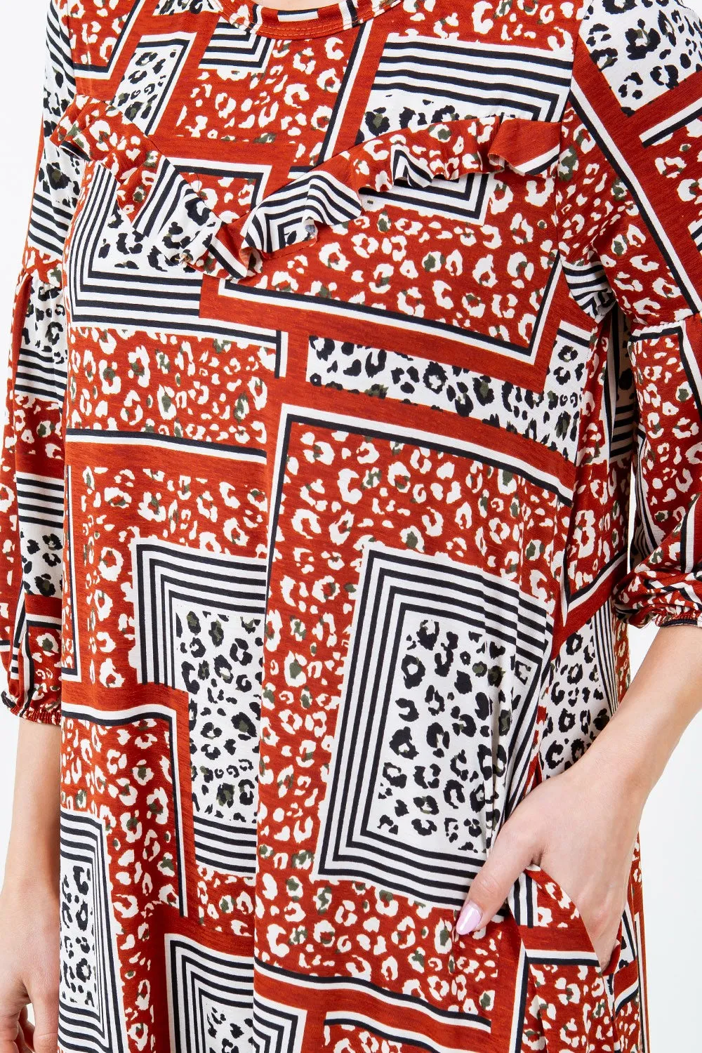BRICK PRINTED 3/4 SLEEVES W/SIDE POCKETS PLUS SIZE MIDI DRESS DVL58477BX