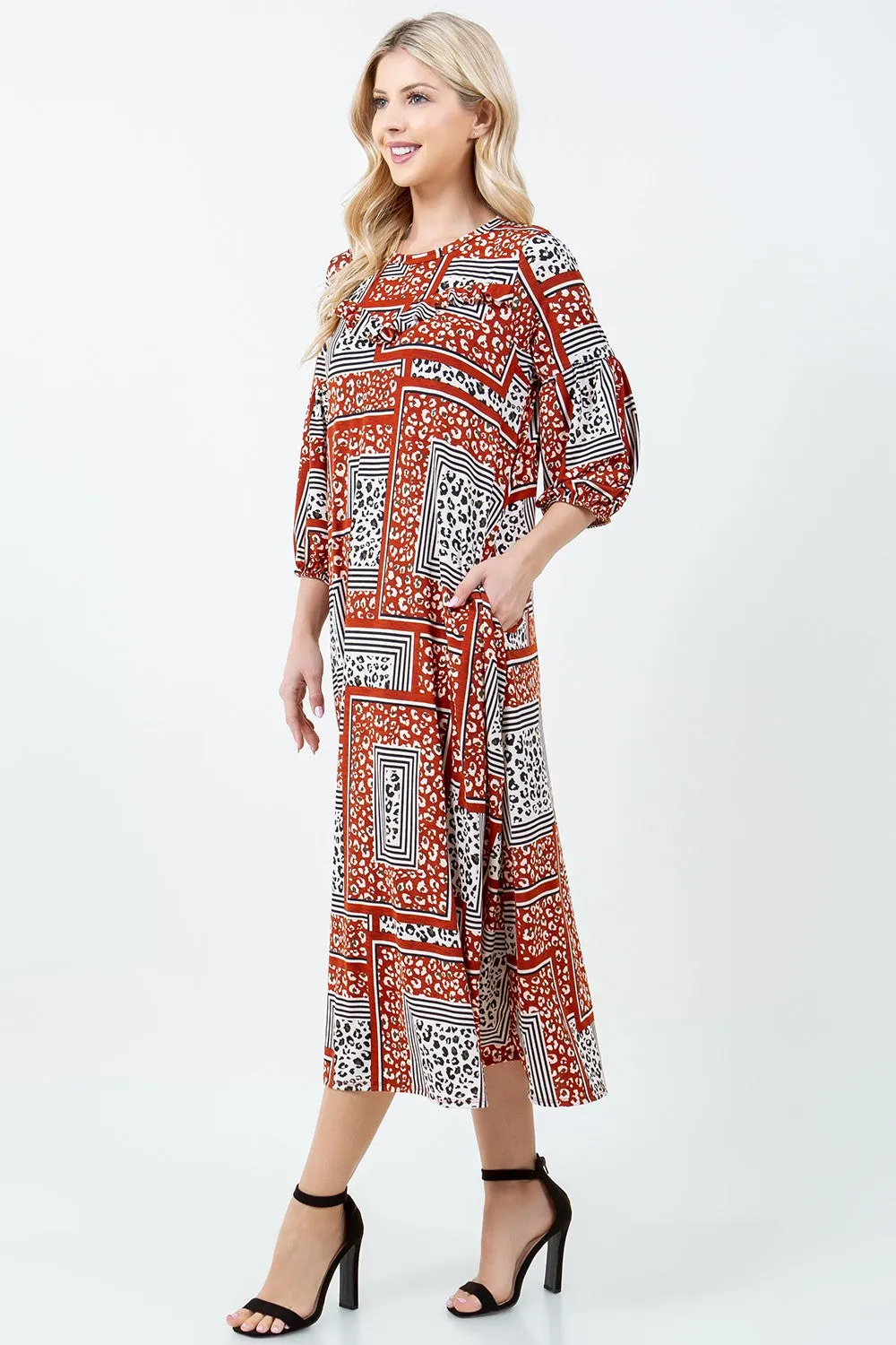 BRICK PRINTED 3/4 SLEEVES W/SIDE POCKETS PLUS SIZE MIDI DRESS DVL58477BX