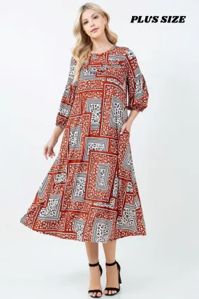 BRICK PRINTED 3/4 SLEEVES W/SIDE POCKETS PLUS SIZE MIDI DRESS DVL58477BX