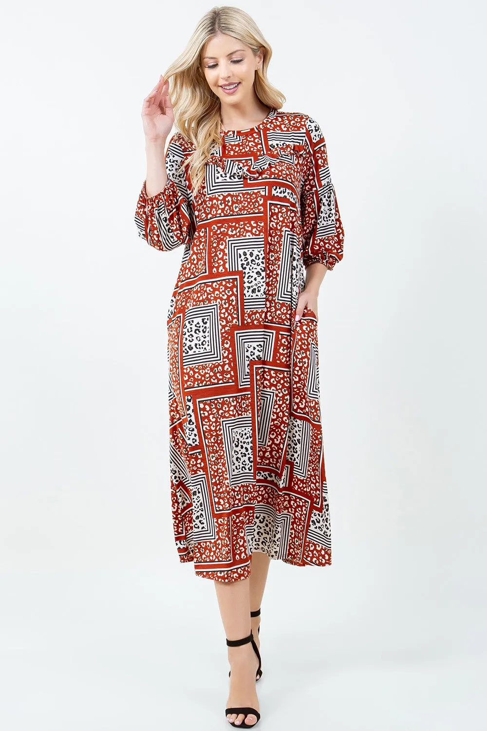 BRICK PRINTED 3/4 SLEEVES W/SIDE POCKETS PLUS SIZE MIDI DRESS DVL58477BX