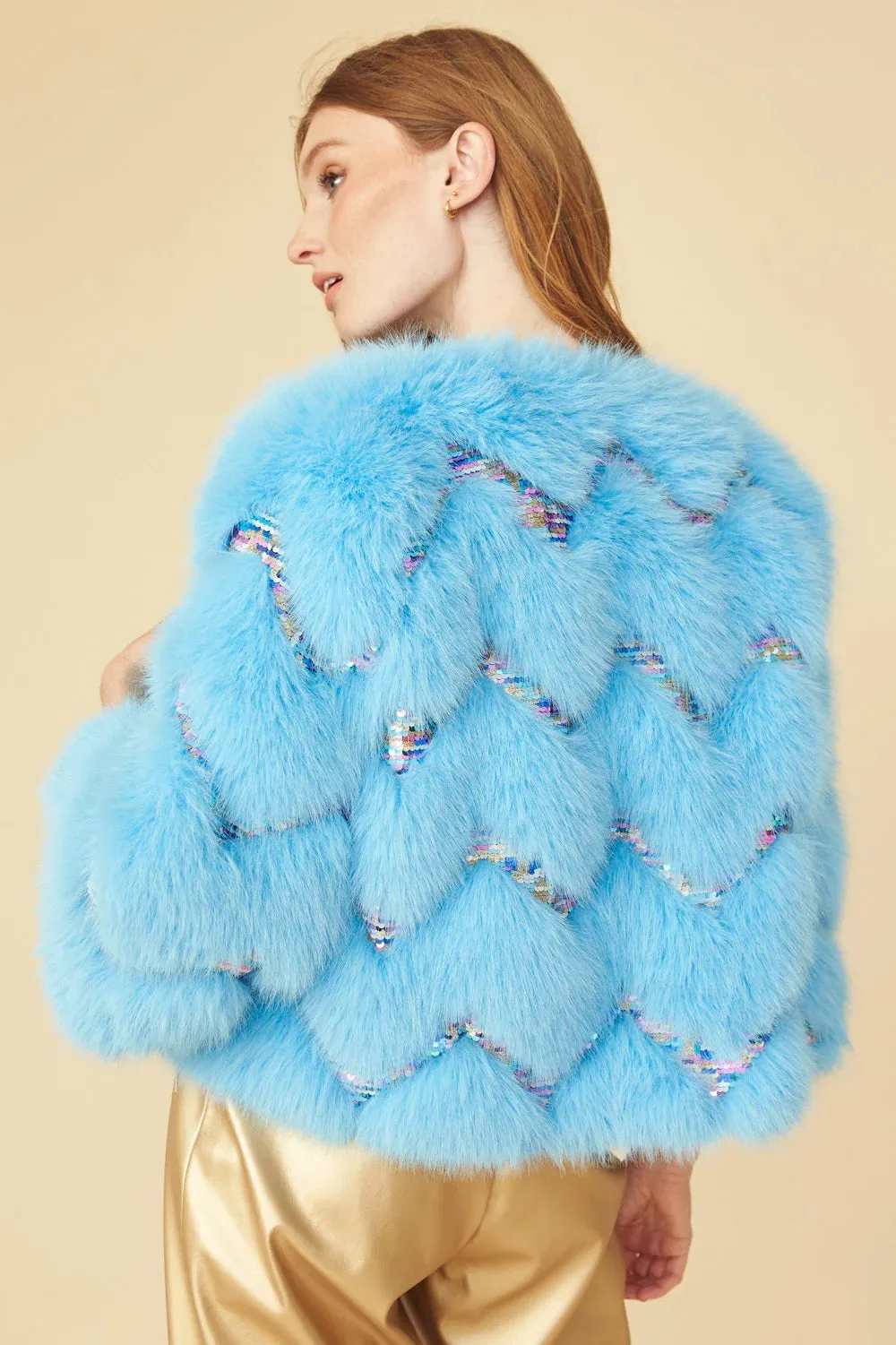 Buy Me Fur - Women's Bamboo Sequin Eco Faux Fur Coat in Blue