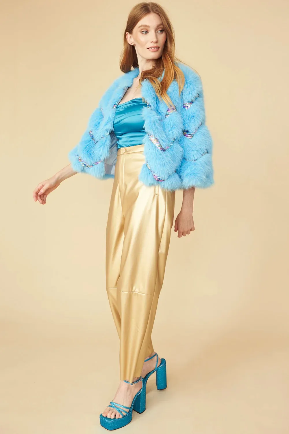 Buy Me Fur - Women's Bamboo Sequin Eco Faux Fur Coat in Blue