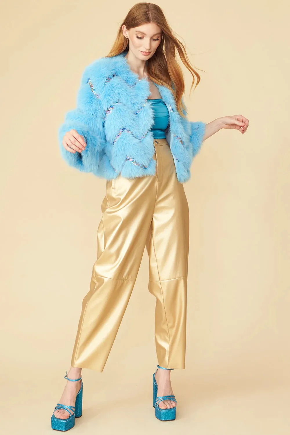 Buy Me Fur - Women's Bamboo Sequin Eco Faux Fur Coat in Blue