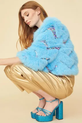 Buy Me Fur - Women's Bamboo Sequin Eco Faux Fur Coat in Blue