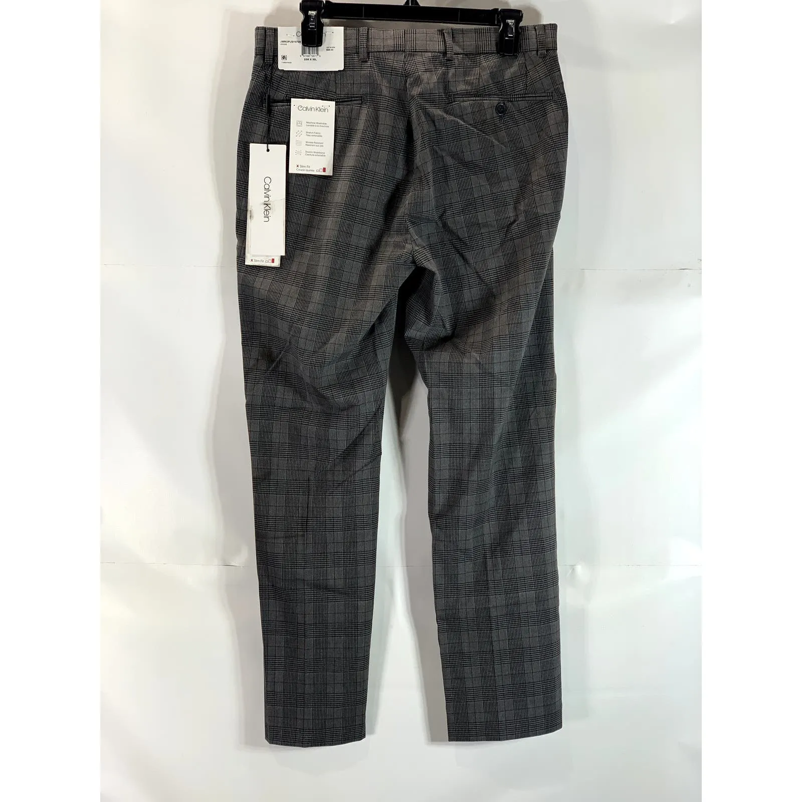 CALVIN KLEIN Men's Charcoal Plaid Slim-Fit Flat Front Dress Pants SZ 33X30