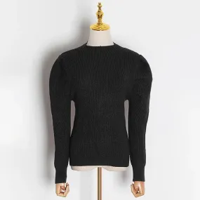 Casual Knitted Women Sweaters Round Neck Puff Long Sleeve Slim Ruched Sweater For Female Spring Fashion
